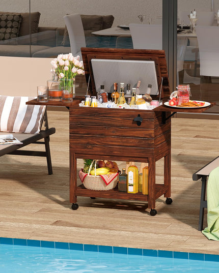 Giantex 54QT Wooden Patio Cooler Cart with Wheels Insulated Rolling Ice Chest with Drain