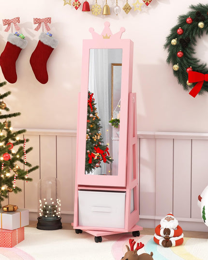 CHARMAID 360° Swivel Kids Jewelry Cabinet, 48" Standing Jewelry Organizer with Full Length Mirror, Storage Drawer