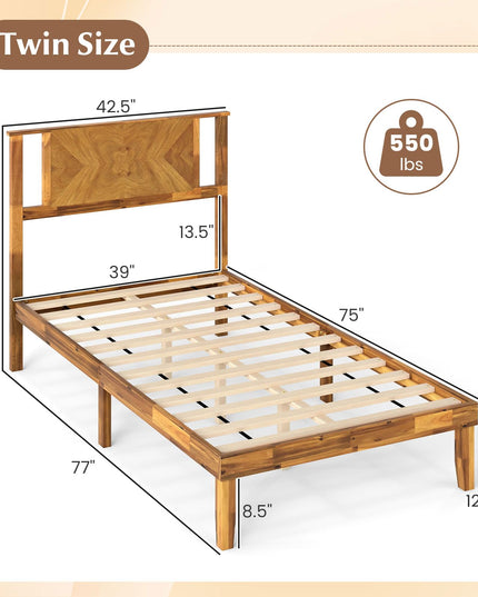 Lit plateforme Giantex Mid-Century Modern en bois d'acacia avec tête de lit et support à lattes en bois