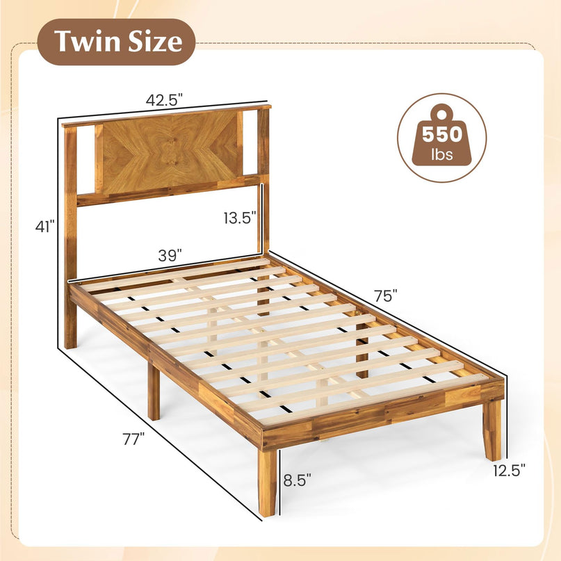 Giantex Mid-Century Modern Acacia Wood Platform Bed with Headboard & Wooden Slats Support