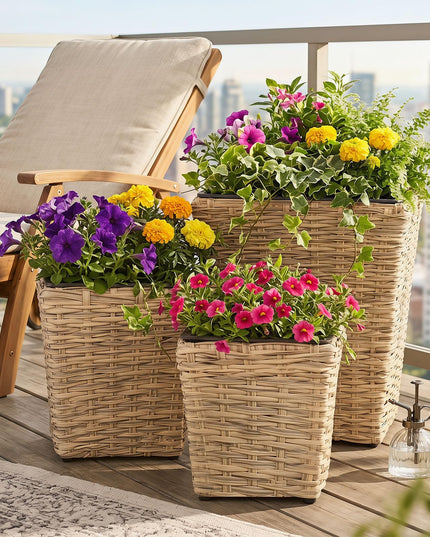 Giantex 3-Piece Rattan Planter Box Kit for Indoor & Outdoor Plants