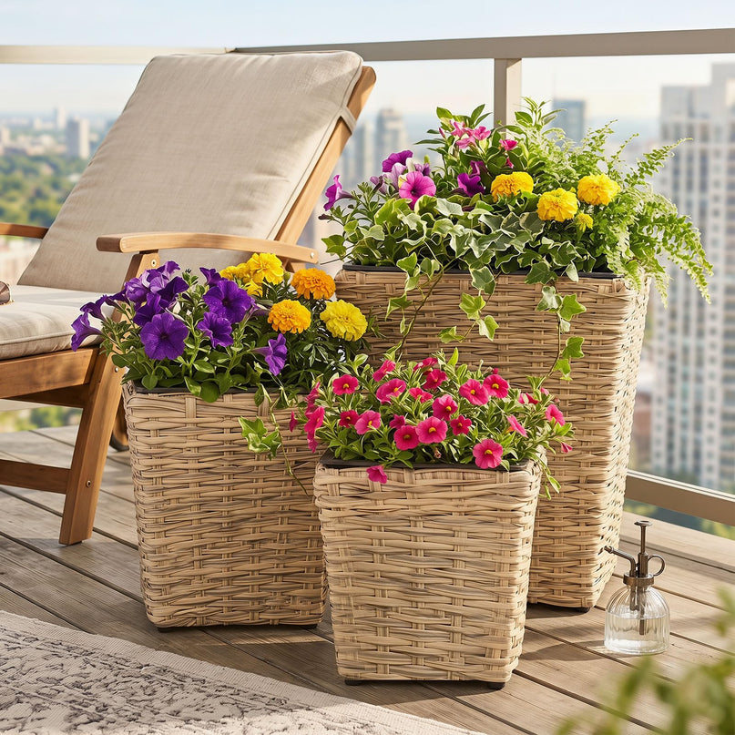 Giantex 3-Piece Rattan Planter Box Kit for Indoor & Outdoor Plants