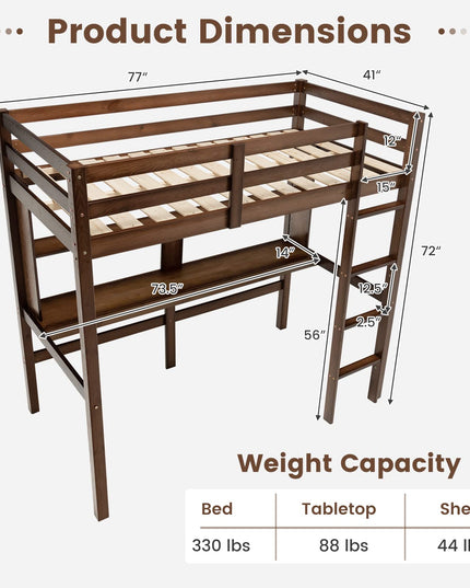 Giantex Twin Loft Bed with Desk and Bookshelf, Wooden Bed Frame with Safety Guardrail & Ladder
