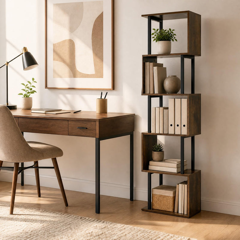 GIANTEX 5-Tier S-Shaped Wood Bookcase w/Metal Frame (1/2)