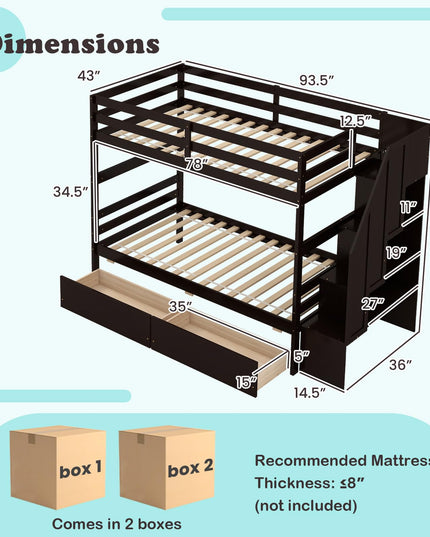 Giantex Bunk Bed Twin Over Twin with Storage Stairs & Drawers, Solid Wood Bunk Bed with Full-Length Guardrails