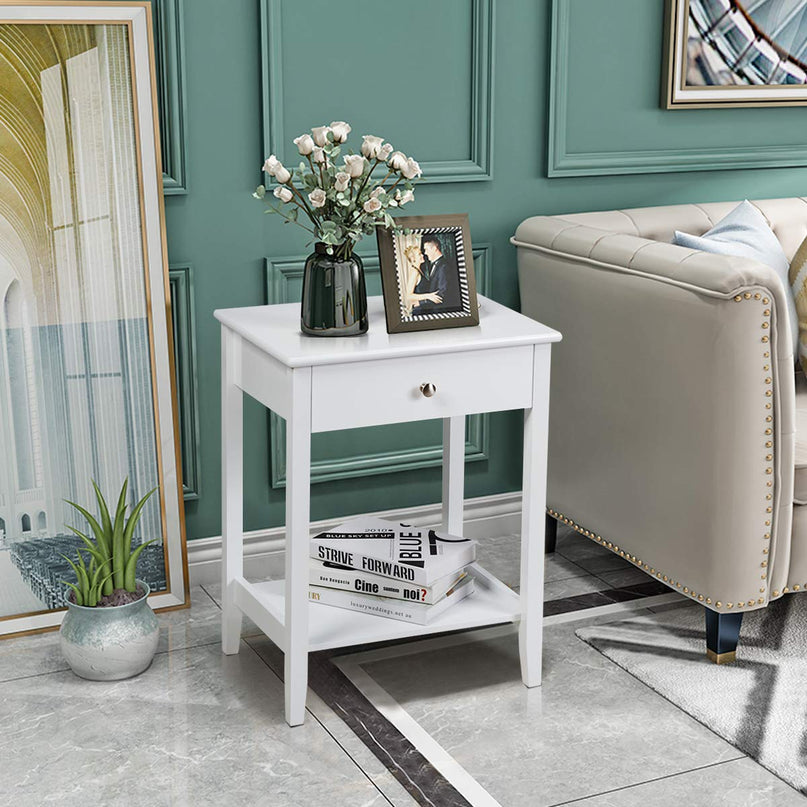 Nightstand Wooden 2-Tier Couch Sofa Side Table with Drawer, End Table