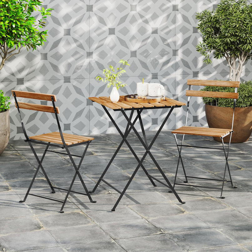 Giantex 3-Piece Acacia Wood Bistro Set with 2 Folding Chairs, Slatted Seat & Tabletop