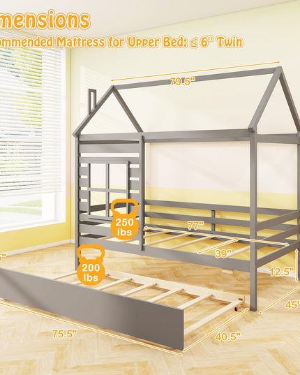 Giantex Twin House Bed with Trundle Bed Twin, Wooden Twin Bed Frames with Roof, Chimney & Window