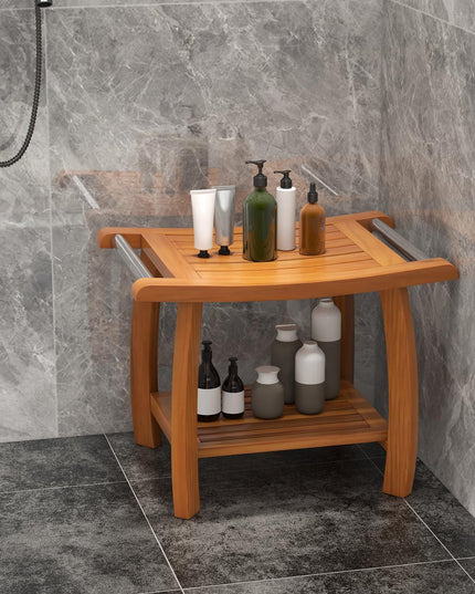 Gaintex Teak Shower Bench with Handles and Storage Shelf, Teak Shower Stool for Shaving Legs, Non-Slip Foot Pads