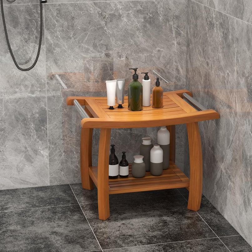 Gaintex Teak Shower Bench with Handles and Storage Shelf, Teak Shower Stool for Shaving Legs, Non-Slip Foot Pads