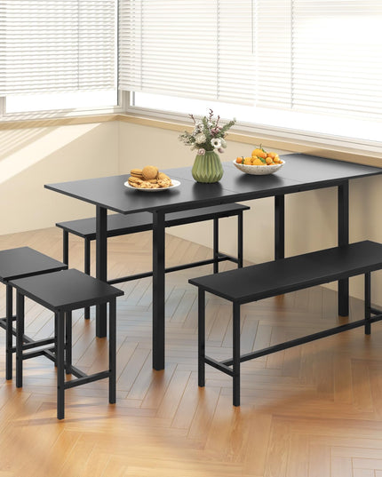 Giantex Dining Table Set for 4-6, 5-Piece Kitchen Table Chairs Set, 63” Extendable Table with 2 Benches