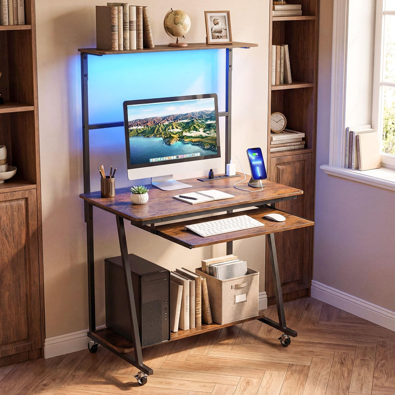 Giantex 31.5" Small Computer Desk with Charging Station & LED Lights