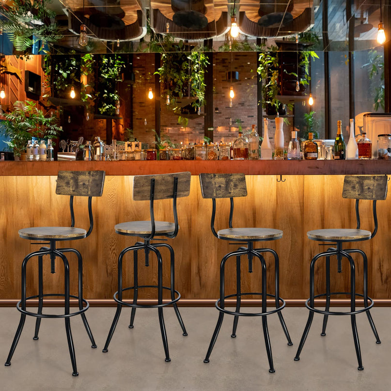 Industrial Bar Stool, Vintage Adjustable Swivel Counter Height Kitchen Dining Chair with Arc-Shaped Backrest