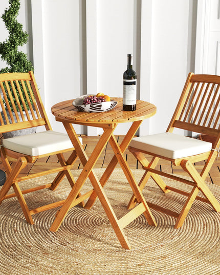 Giantex Patio Bistro Set 3 Pieces, Outdoor Acacia Wood Folding Table & Chairs Set with 2 Padded Cushions