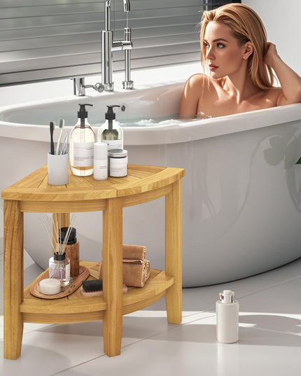 Giantex Corner Shower Stool - Teak Wood Shower Bench Seat with Storage Shelf for Shaving Legs