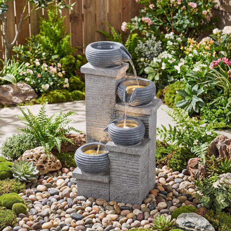 Giantex 23 Inch Cascading Bowls Waterfall Fountain with Warm LED Lights & Pump (4-Tier)