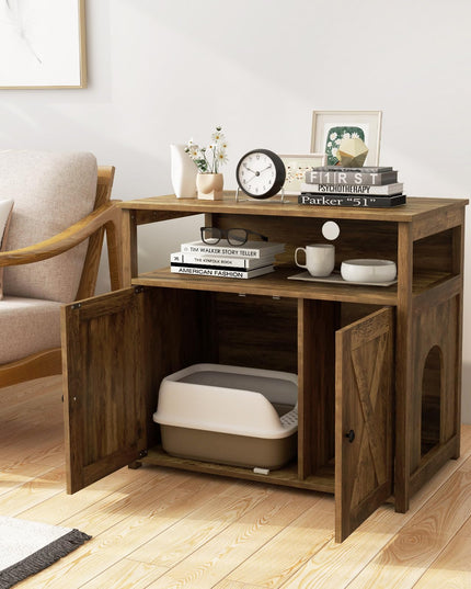Giantex Cat Litter Box Enclosure - Litter Box Hidden Furniture with Barn Door, Inner Divider, Side Entry, Storage Shelf