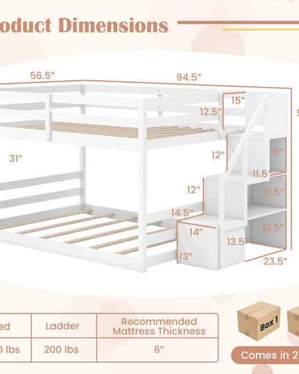 Giantex Bunk Bed with Stairs, Solid Wood Floor Bunk Bed with Storage Staircase & Full-Length Guardrails