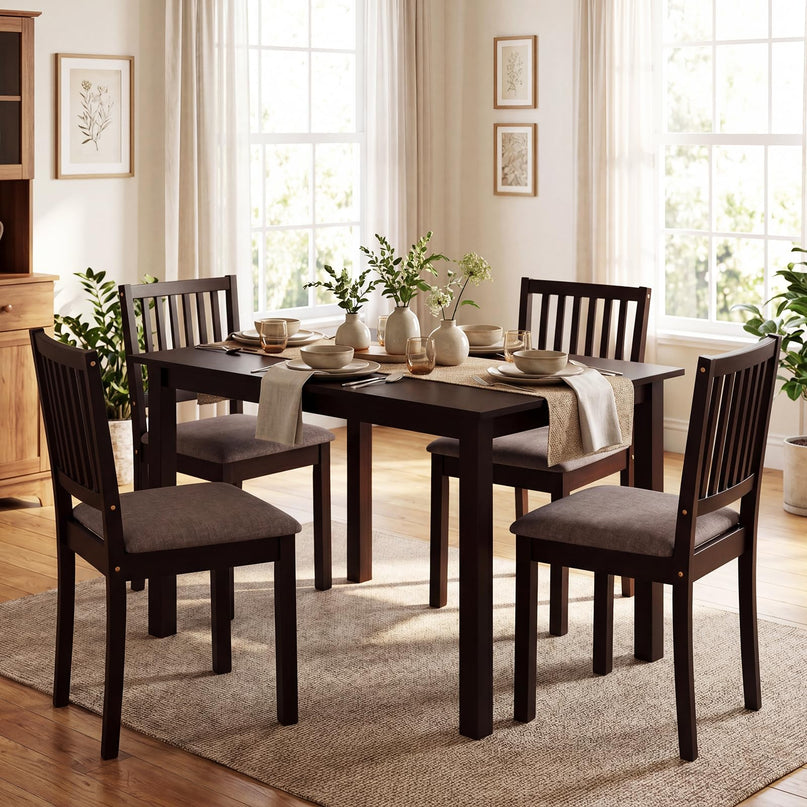 Giantex Rectangular Kitchen Table Set w/4 Upholstered Chairs & Solid Rubber Wood Frame