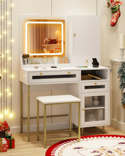 CHARMAID Vanity Desk with Mirror and Lights, White Makeup Vanity Desk with Jewelry Storage
