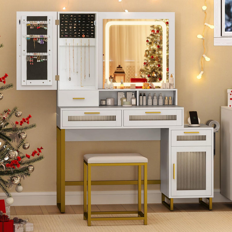 CHARMAID Vanity Desk with Mirror and Lights, White Makeup Vanity Desk with Jewelry Organizer