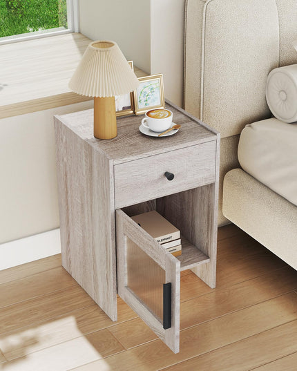 Giantex Farmhouse 16 Inch Rustic End Table with Wavy PC Door and Drawer
