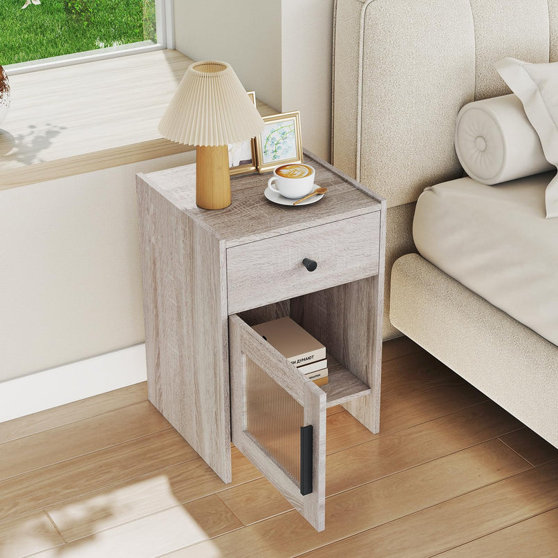 Giantex Farmhouse 16 Inch Rustic End Table with Wavy PC Door and Drawer