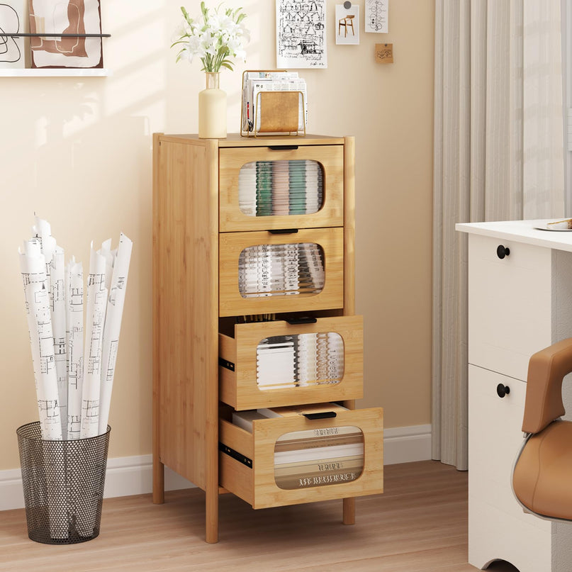Giantex 4 Drawer Storage Cabinet with Fluted Tempered Glass Drawers
