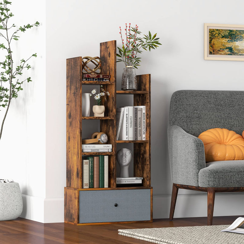 Giantex 9-Cube Bookcase with 2 Drawers - Industrial Freestanding Open Display Shelving with Anti-toppling Device