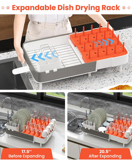Giantex Expandable Dish Drying Rack - Adjustable Dual-Part Dish Drainer with Detachable Utensil Holder