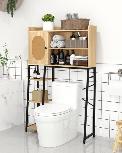 Giantex Over The Toilet Storage Cabinet, Freestanding Storage Organizer Above Toilet with PE Rattan Door and Adjustable Shelf