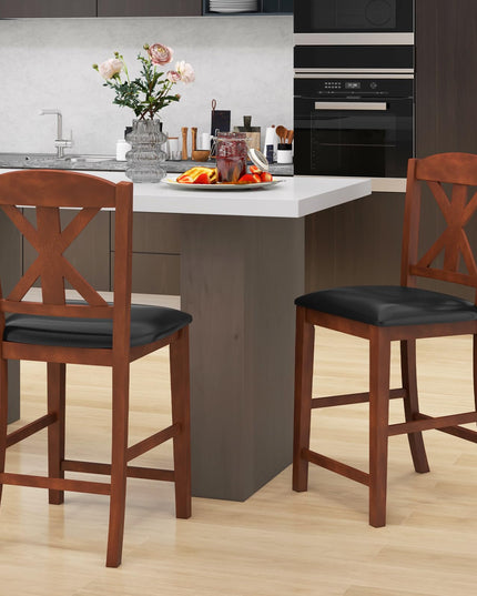 Giantex Wood Bar Stools Set, 24" Upholstered Counter Height Bar Chairs w/Hollowed High Back