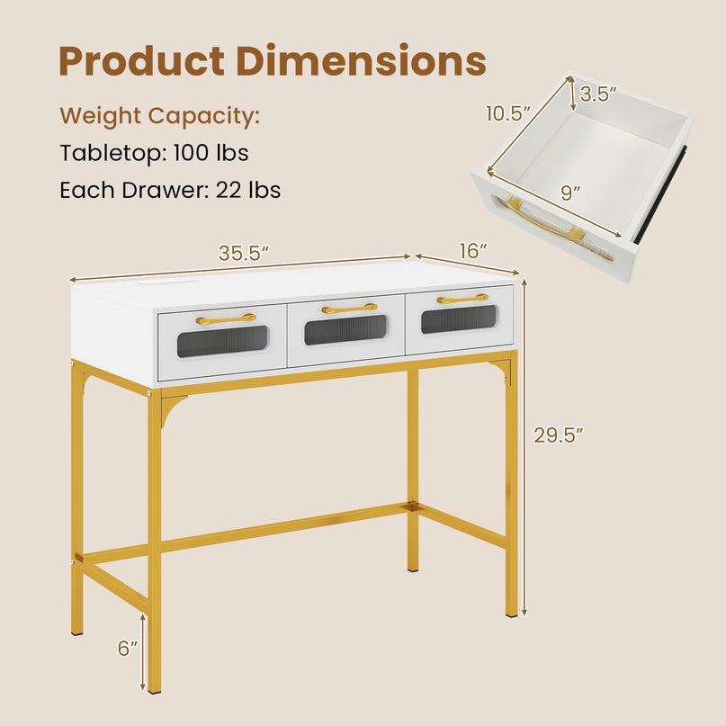Giantex 35.5" Console Table with Charging Station & 3 Drawers