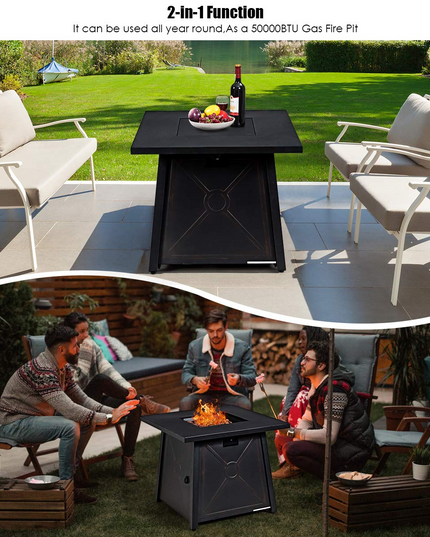 Giantex Gas Fire Table, 30 Inch Square Firepit Table 50,000BTU Fire Pits Tables w/ Waterproof Cover (Black)