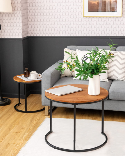 Nesting Coffee Table Set of 2, Round Stacking Side Tables w/Wooden Tabletop & Steel Frame