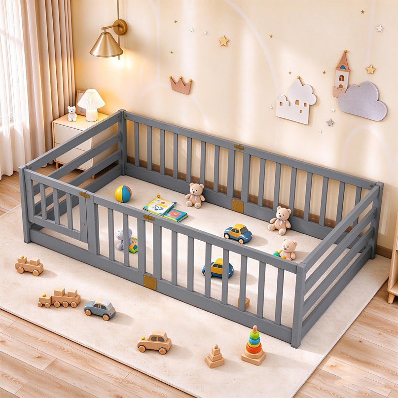 Giantex Twin Floor Bed with High Fence & Door