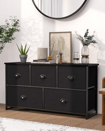 Giantex Black Dresser for Bedroom with 5 Drawers - Wide Clothes Storage Organizer w/ 5 Fabric Bins