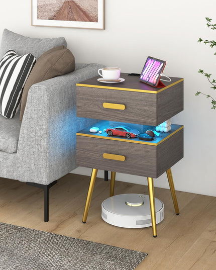 Giantex Nightstand with Charging Station & LED Lights, 28.5" Bedside Table with 2 Drawers