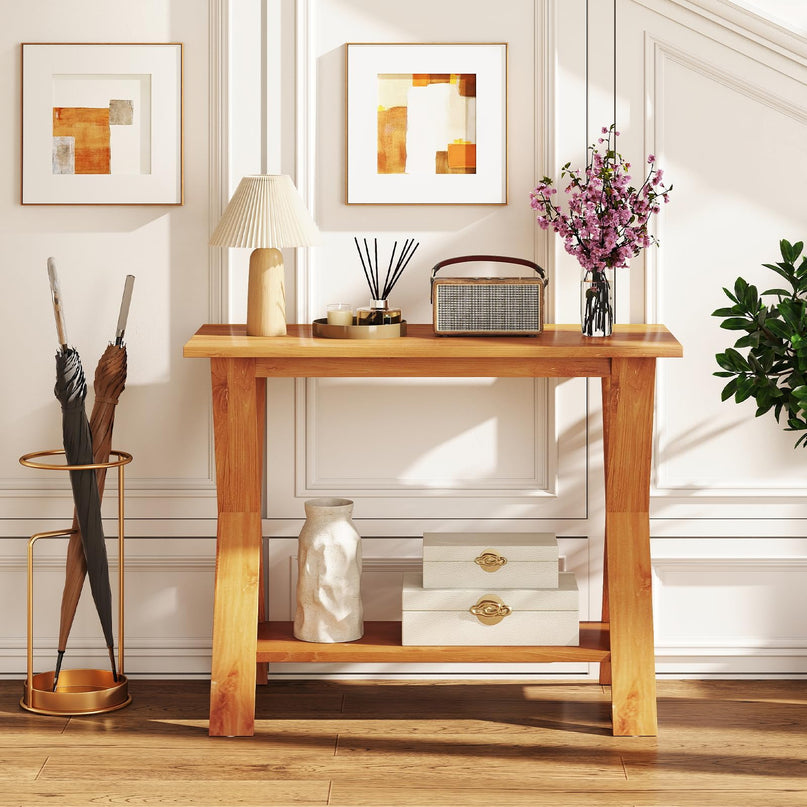 Giantex Solid Teak Wood Console Table with Storage Shelf