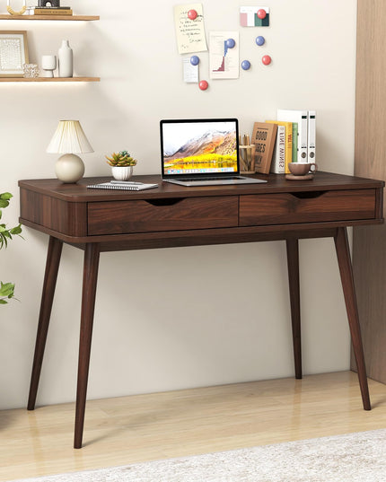 Giantex Mid-Century Desk with 2 Drawers, 43.5" Writing Study Desk with Solid Rubber Wood Legs