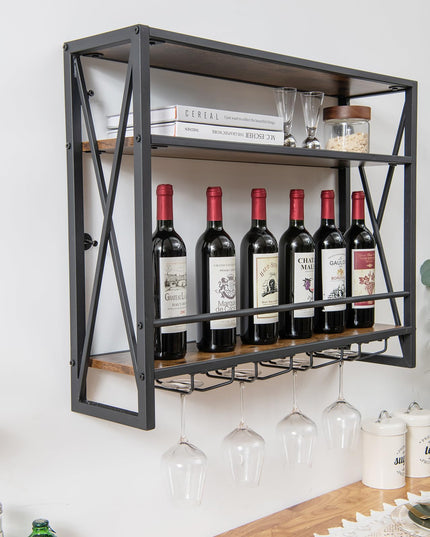 Giantex Industrial Wall-Mounted Wine Rack, 3 Tiers Metal Hanging Wine Shelf with Glass Holder