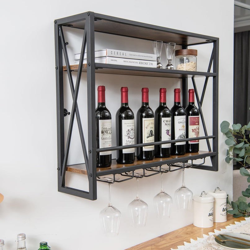 Giantex Industrial Wall-Mounted Wine Rack, 3 Tiers Metal Hanging Wine Shelf with Glass Holder