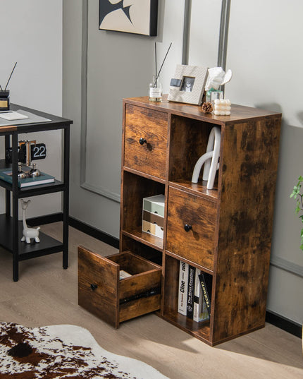 Giantex 6-Cube Bookcase with Drawers, 3-Tier Freestanding Wooden Bookshelf with Anti-toppling Device