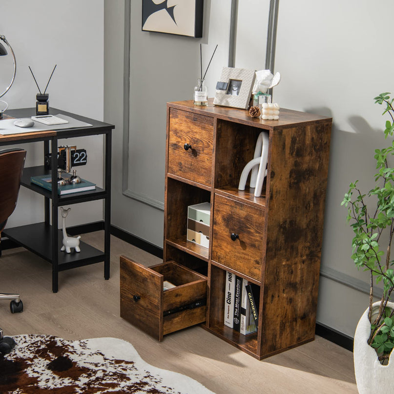 Giantex 6-Cube Bookcase with Drawers, 3-Tier Freestanding Wooden Bookshelf with Anti-toppling Device