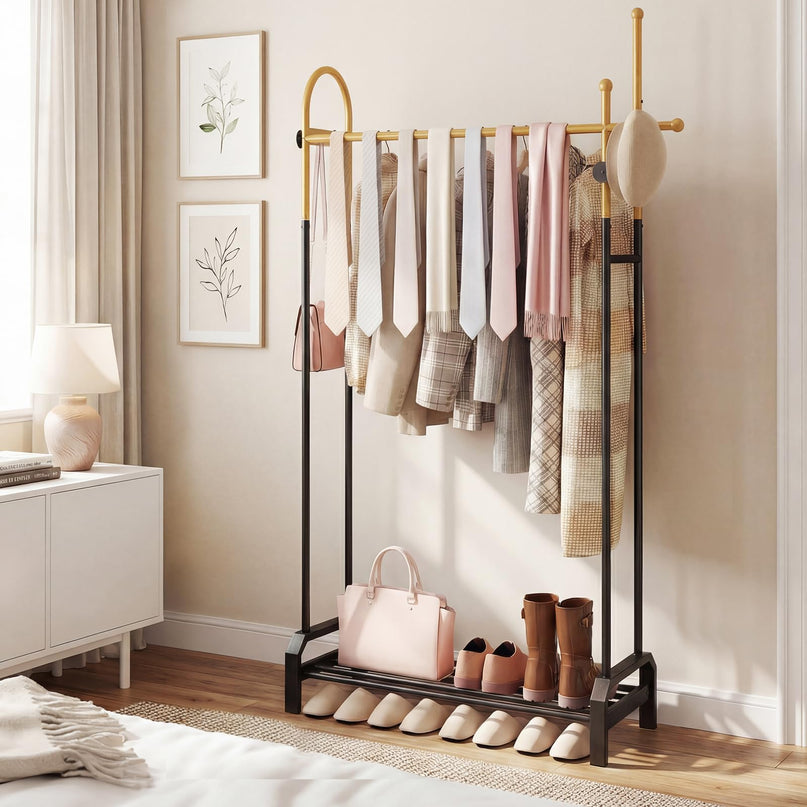 Giantex Double Rod Clothing Rack | Freestanding Clothes Rack with 5 Coat Hooks