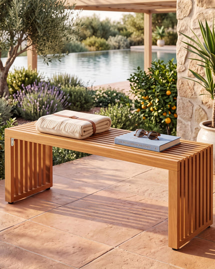 GIANTEX 36" Acacia Wood Outdoor Bench with Slatted Seat & Wooden Frame (1/2)