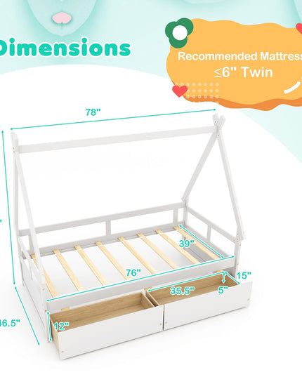 Giantex Twin Bed with 2 Storage Drawers, Wood Montessori House Tent Bed Frame with Safety Guardrail
