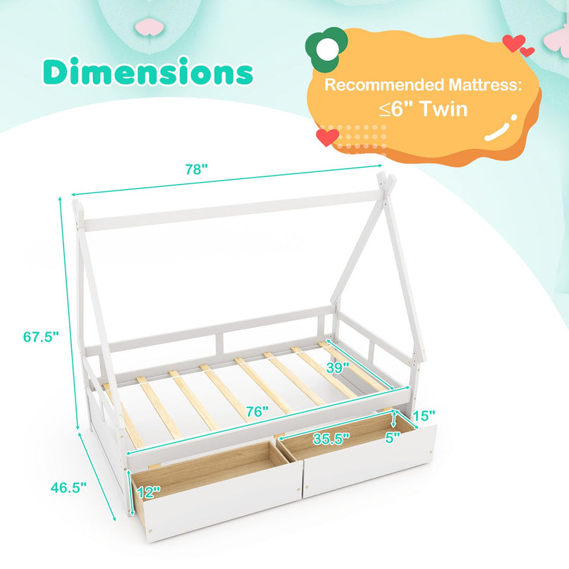 Giantex Twin Bed with 2 Storage Drawers, Wood Montessori House Tent Bed Frame with Safety Guardrail