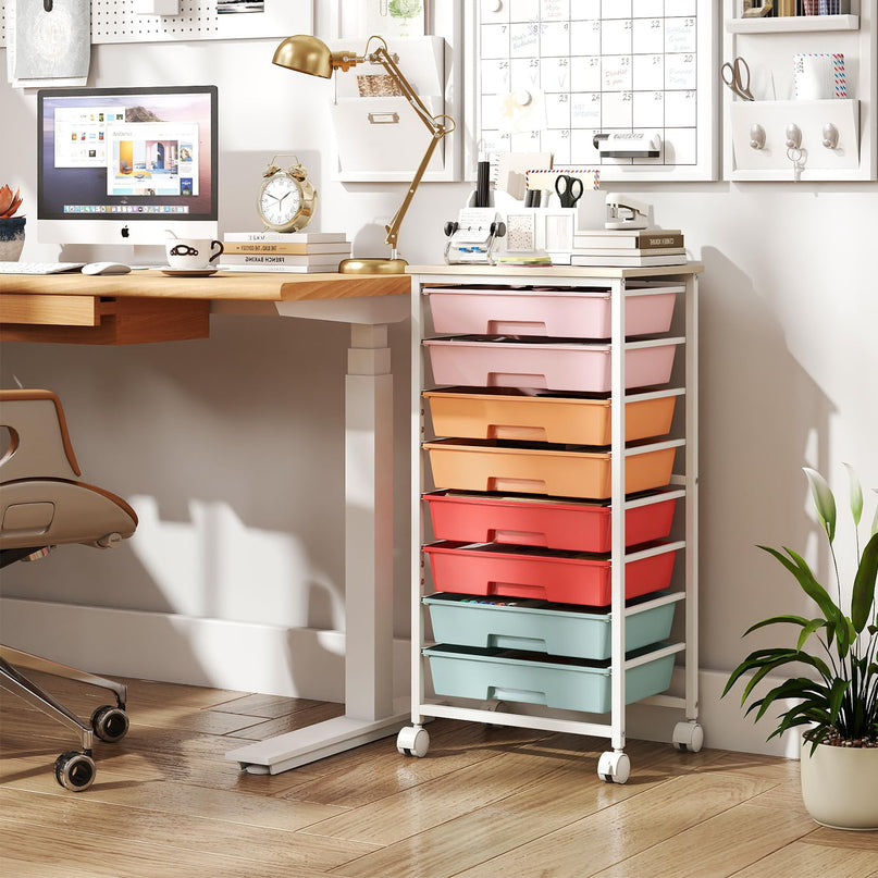 Giantex 8 Drawers Rolling Cart with Wheels Wood Top Sturdy Frame