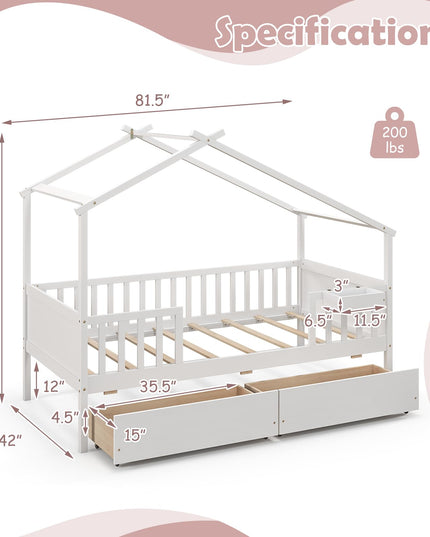 Giantex Twin House Bed with Drawers, Wooden Twin Bed Frame with Cube Storage & Fence Rails